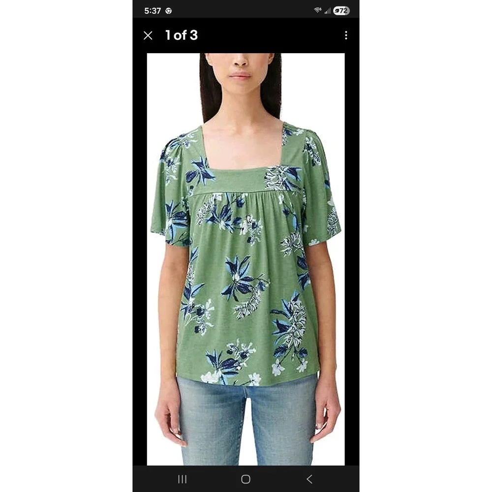 Lucky Brand Woman's Small Green/Blue Floral Blouse Short Sleeve‎ Square Neck Top